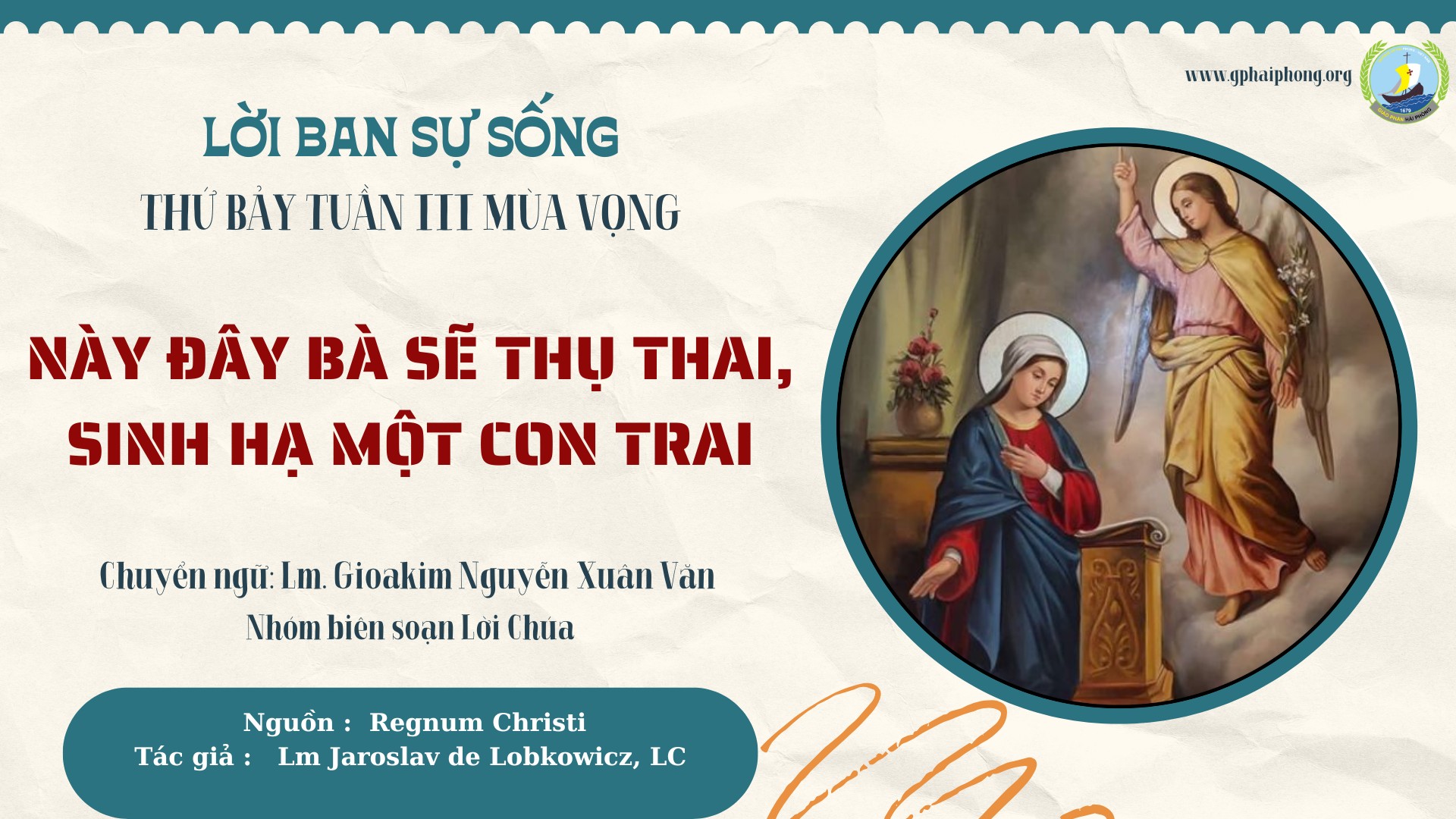 Lời ban Sự sống: Này đây bà sẽ thụ thai, sinh hạ một con trai_Thứ Bảy ngày 20.12 Tuần Bát nhật trước Giáng Sinh